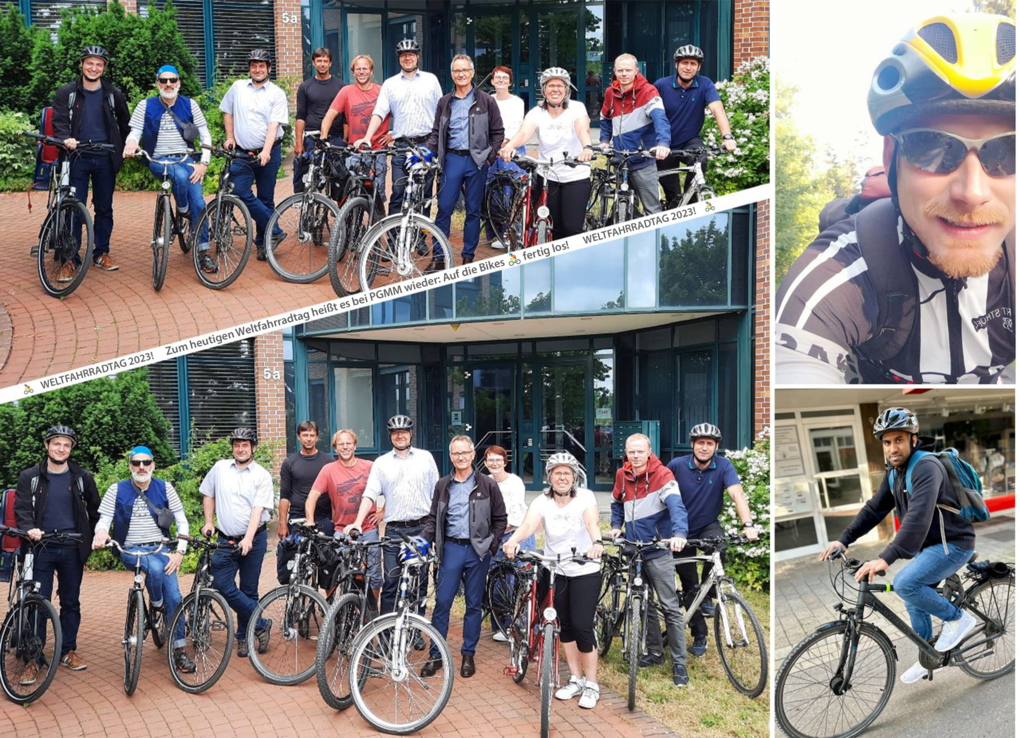 Gruppenfoto von PGMM-Mitarbeiterinnen und Mitarbeitern mit Fahrrad am Standort Dresden zum Weltfahrradtag 2023